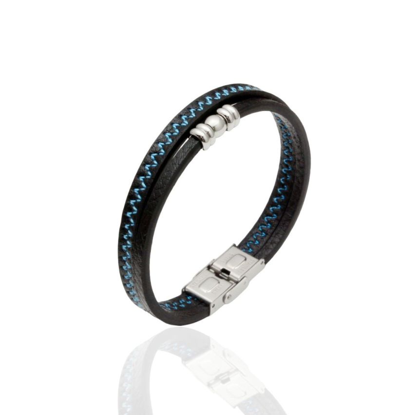 S.Steel Blue Stitched Leather Multilayer Men 20g 