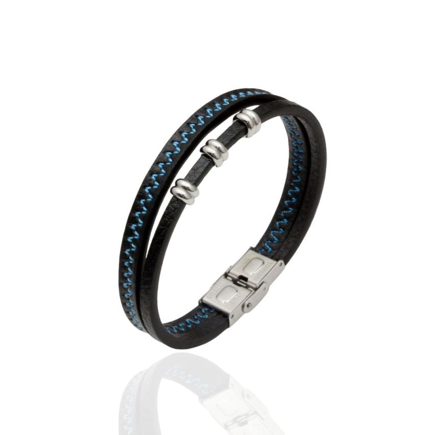 S.Steel Blue Stitched Black Leather Men-c 20g 