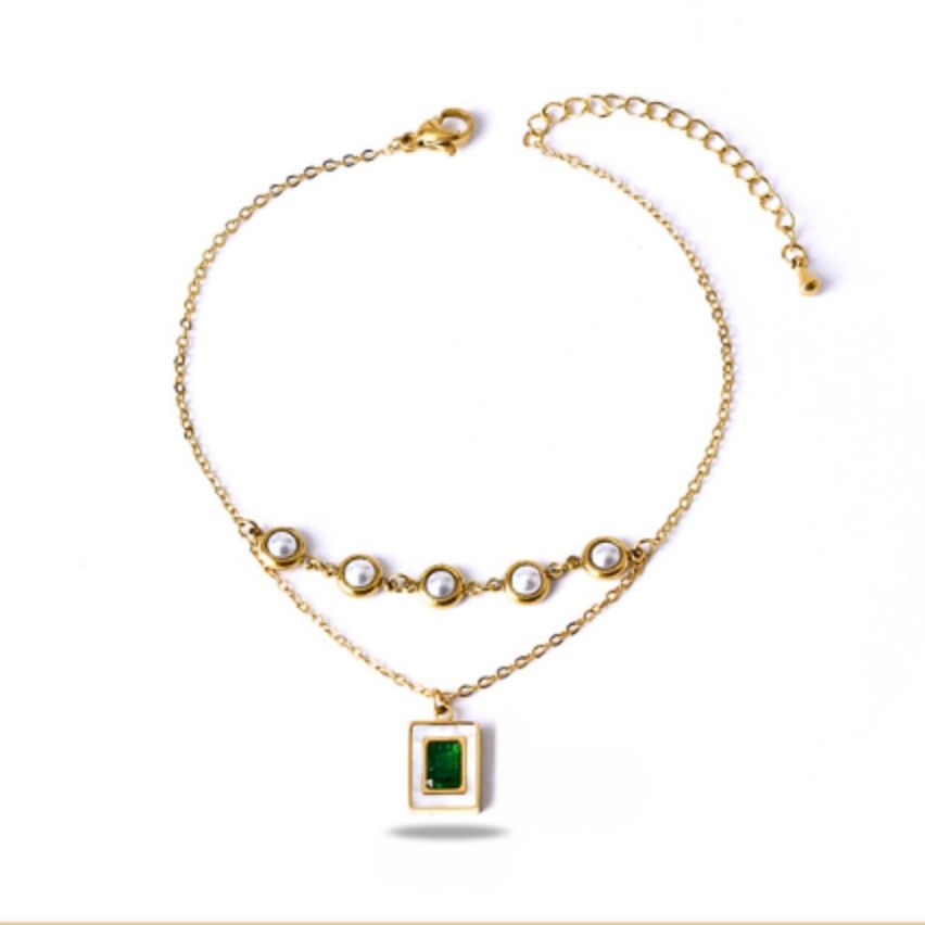 S.Steel Gold Plating Green Anklets Women-c 4.1g