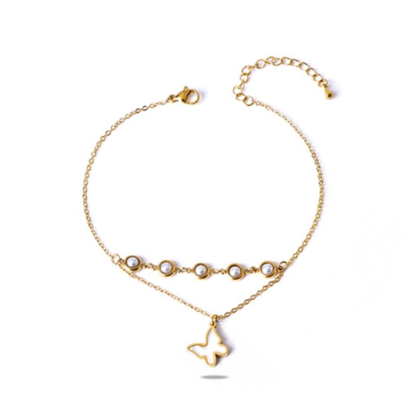 S.Steel Gold Plating White Shijia pearl Anklets Women-c 3.7g