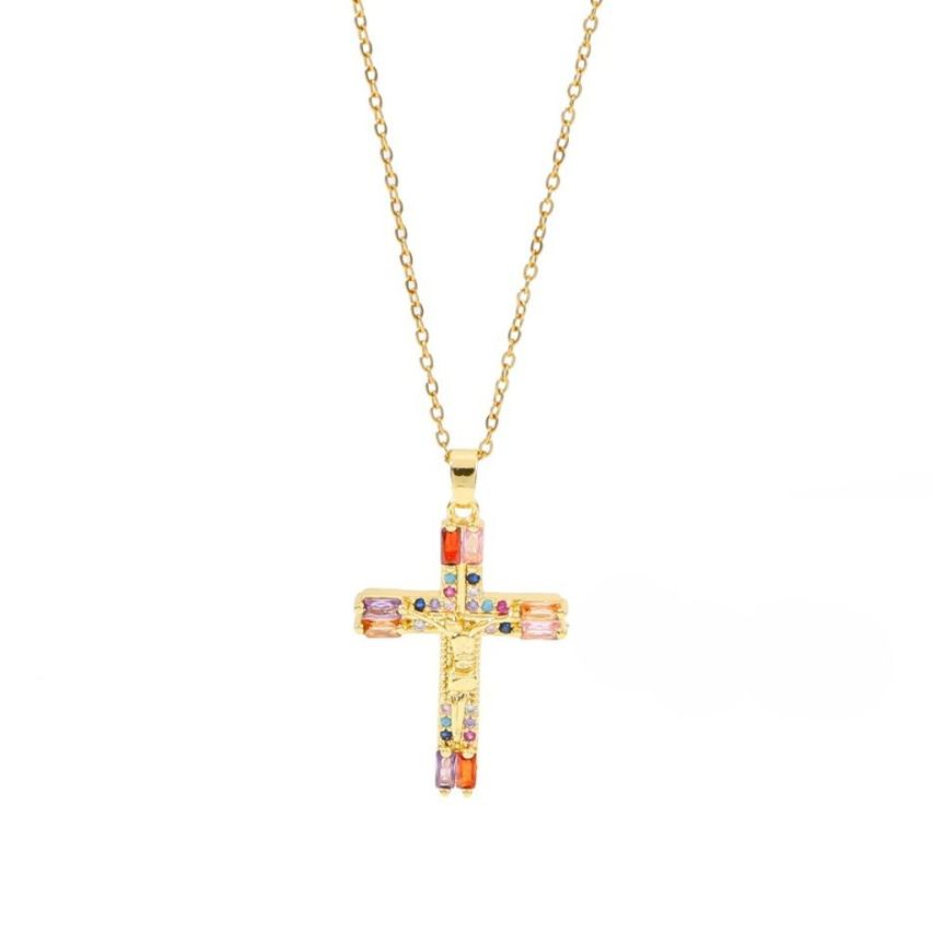 S.Steel Gold Plating Colorfull Zircon Cross Women-c