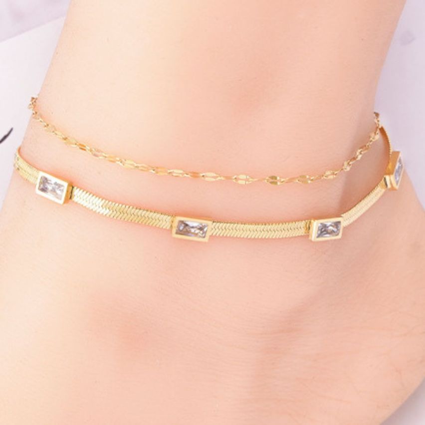 S.Steel Gold Plating White Zircon Anklets Women-c