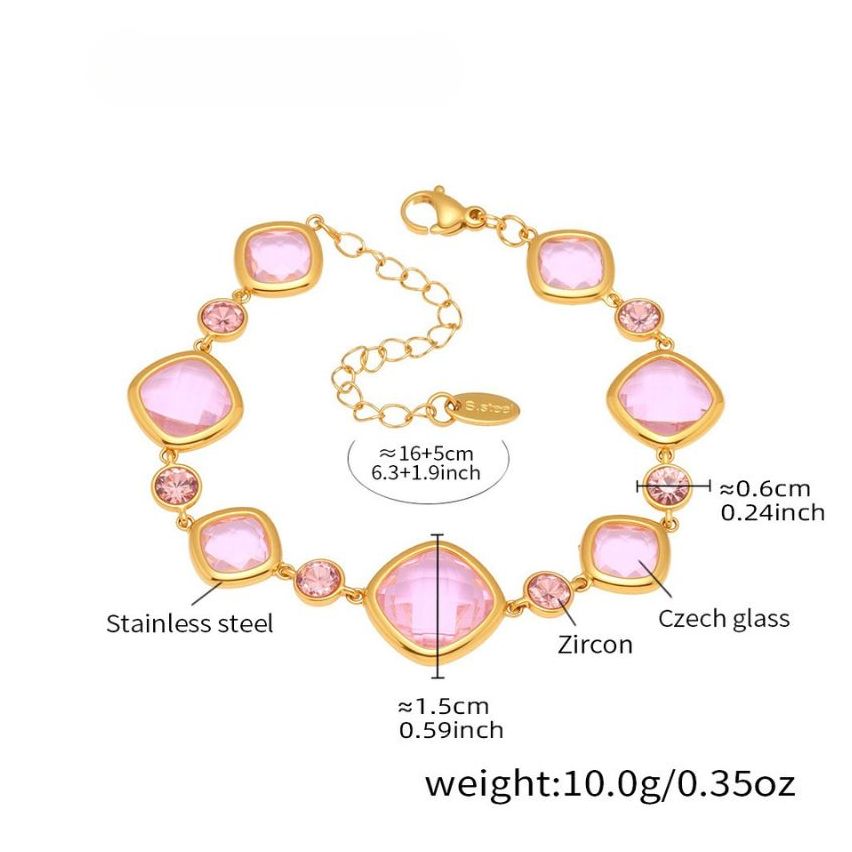 S.Steel Gold Plating Pink Glass stone Minimalist Women 10g 