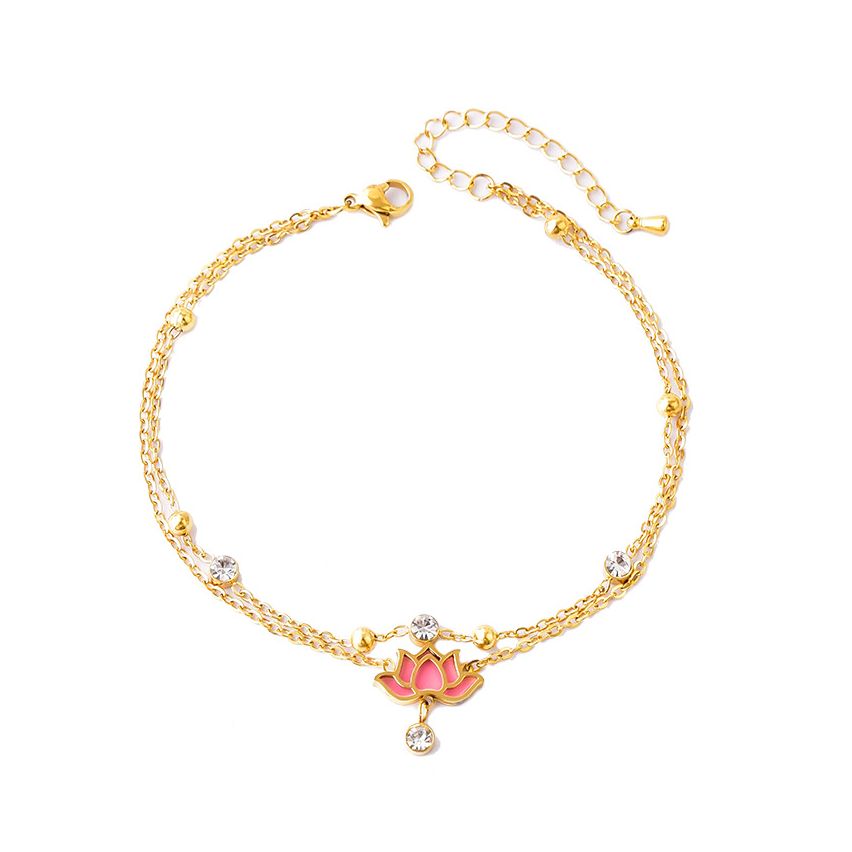 S.Steel Gold Plating Pink Zircon Anklets Women-c 4g