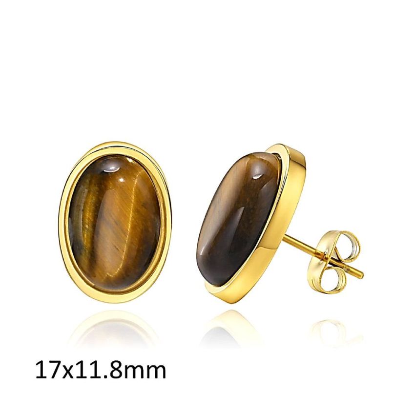 S.Steel Gold Plating Natural Stone Smooth Women-c 7g 17x11.8mm
