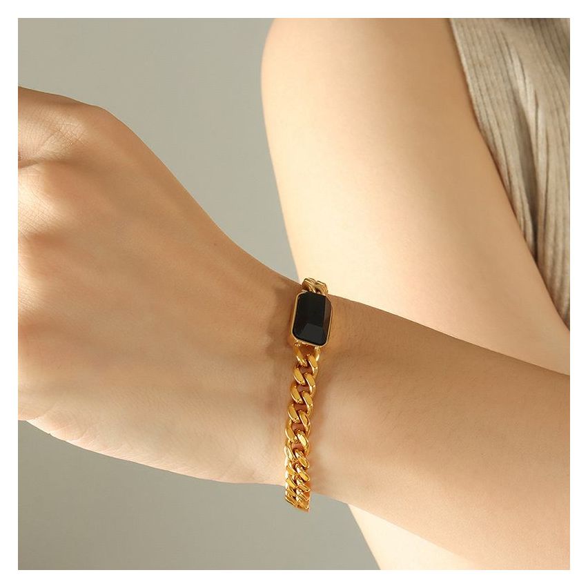 Gold Plating Black Glass stone Chain link Women-c