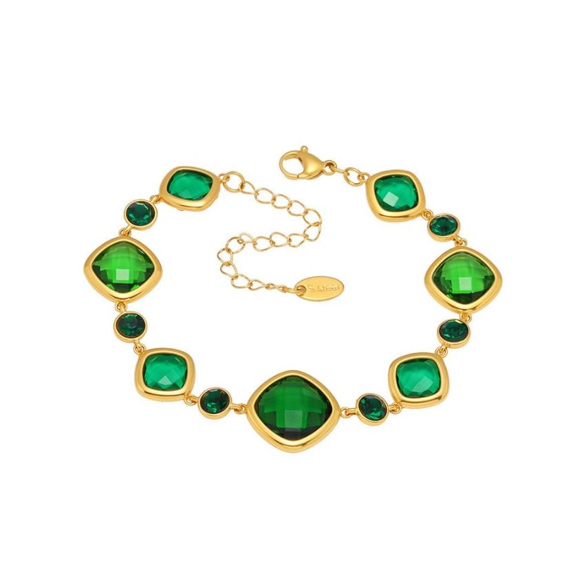 S.Steel Gold Plating Green Glass stone Minimalist Women 10g 