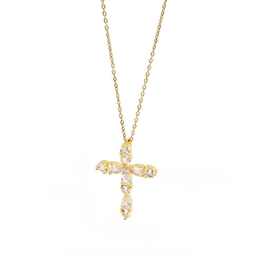 S.Steel Gold Plating White Zircon Cross Women-c 10g